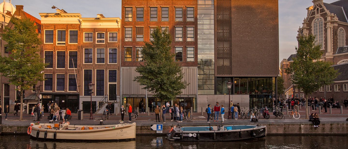 Front view of Anne Frank House at dawn