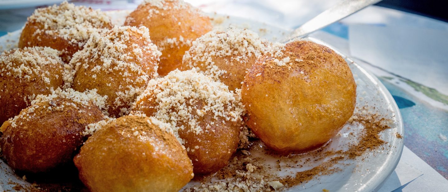 Close-up of the traditional Greek dessert loukoumades.