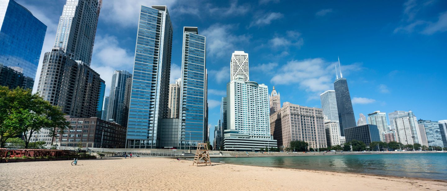 The beach in Chicago with the skyscrapers in the background.