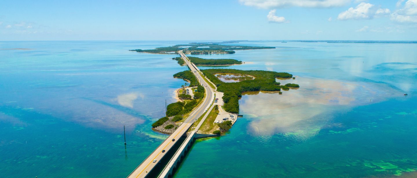 Aerial view of the Florida Keys Highway, which leads over islands through the sea