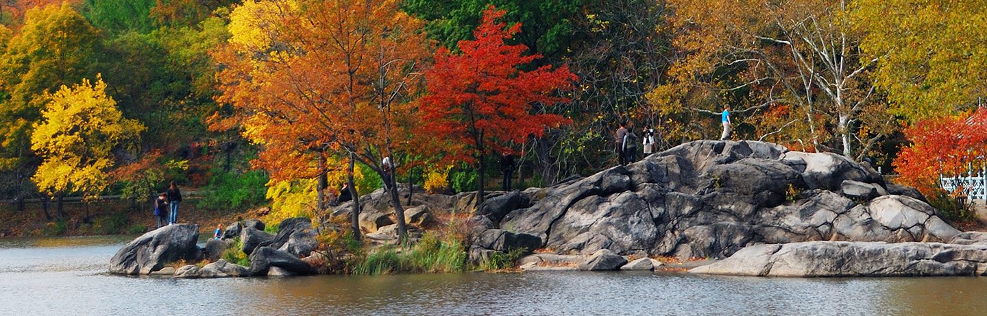 View of Hernshead, a large rocky outcrop jutting into “The Lake” in Central Park, with autumn-colored trees.