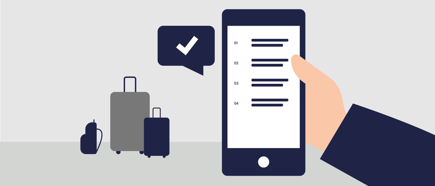 A hand gripping a tablet that shows a checklist for travel preparations.