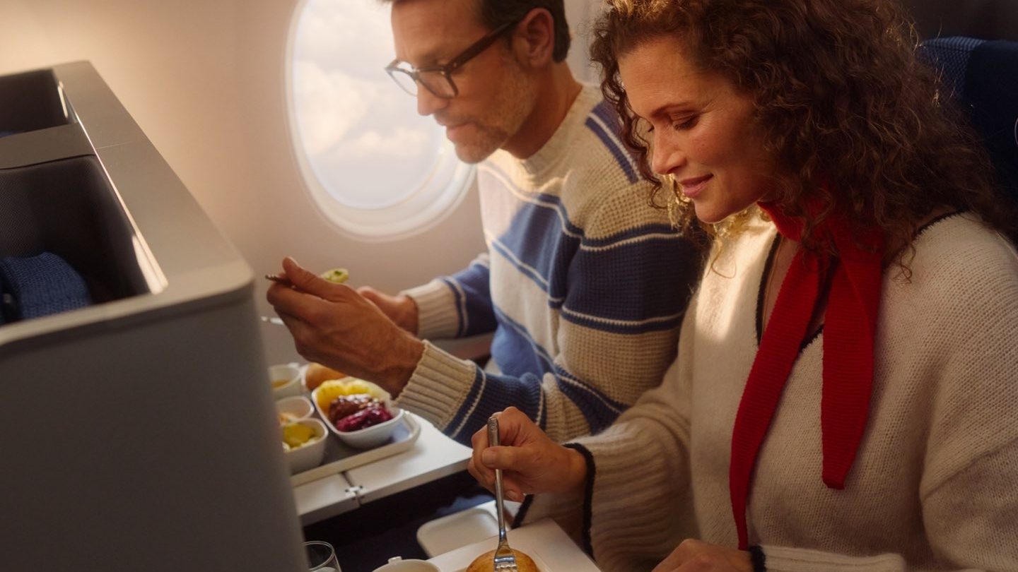 Two passengers enjoying a meal on an airplane.