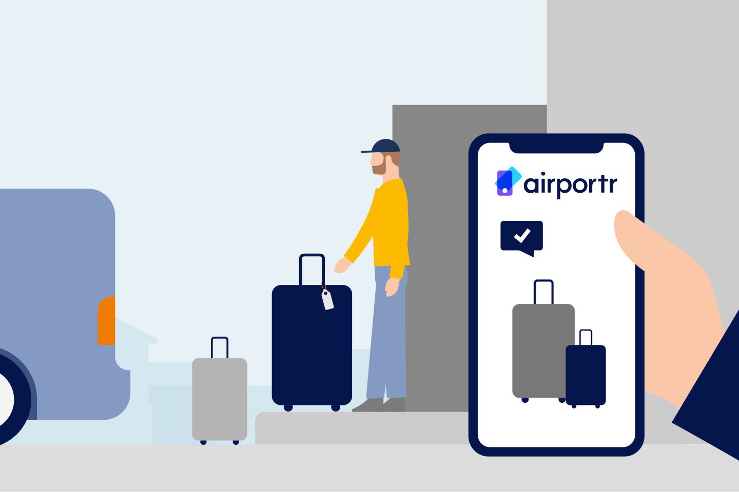 Illustration of a person standing next to a car with luggage, and a smartphone with the Airportr app and a checkmark symbol.