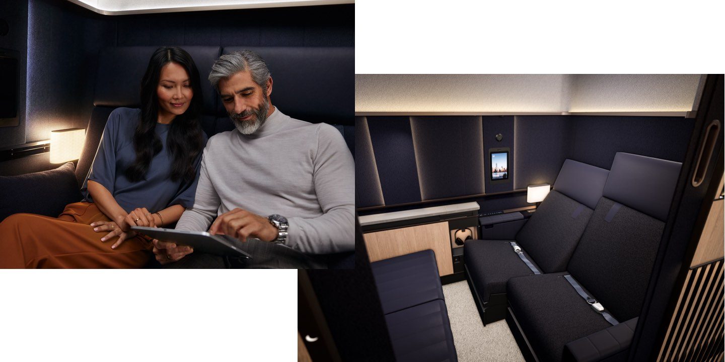 A couple in a private airline suite, and a spacious, luxurious cabin interior view.