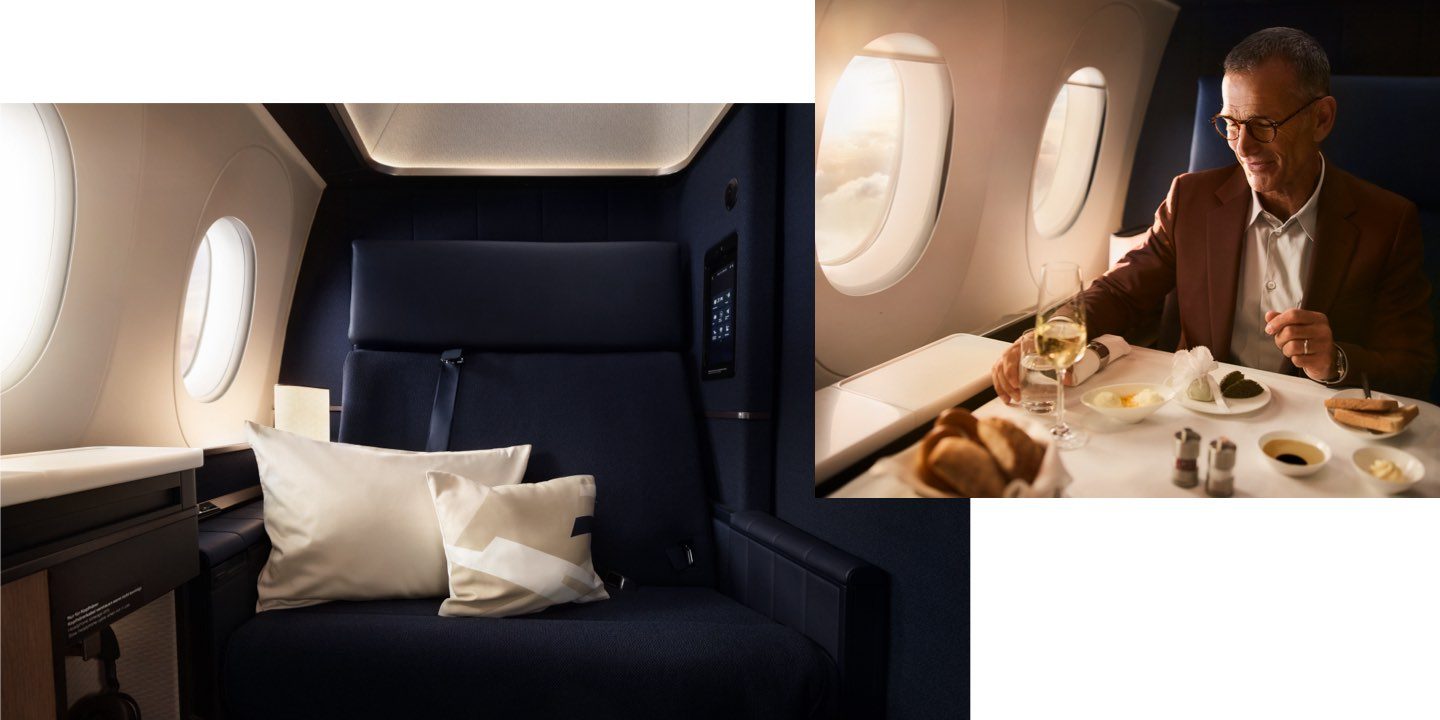 Luxurious First Class airline cabin: spacious seat & man dining with champagne.