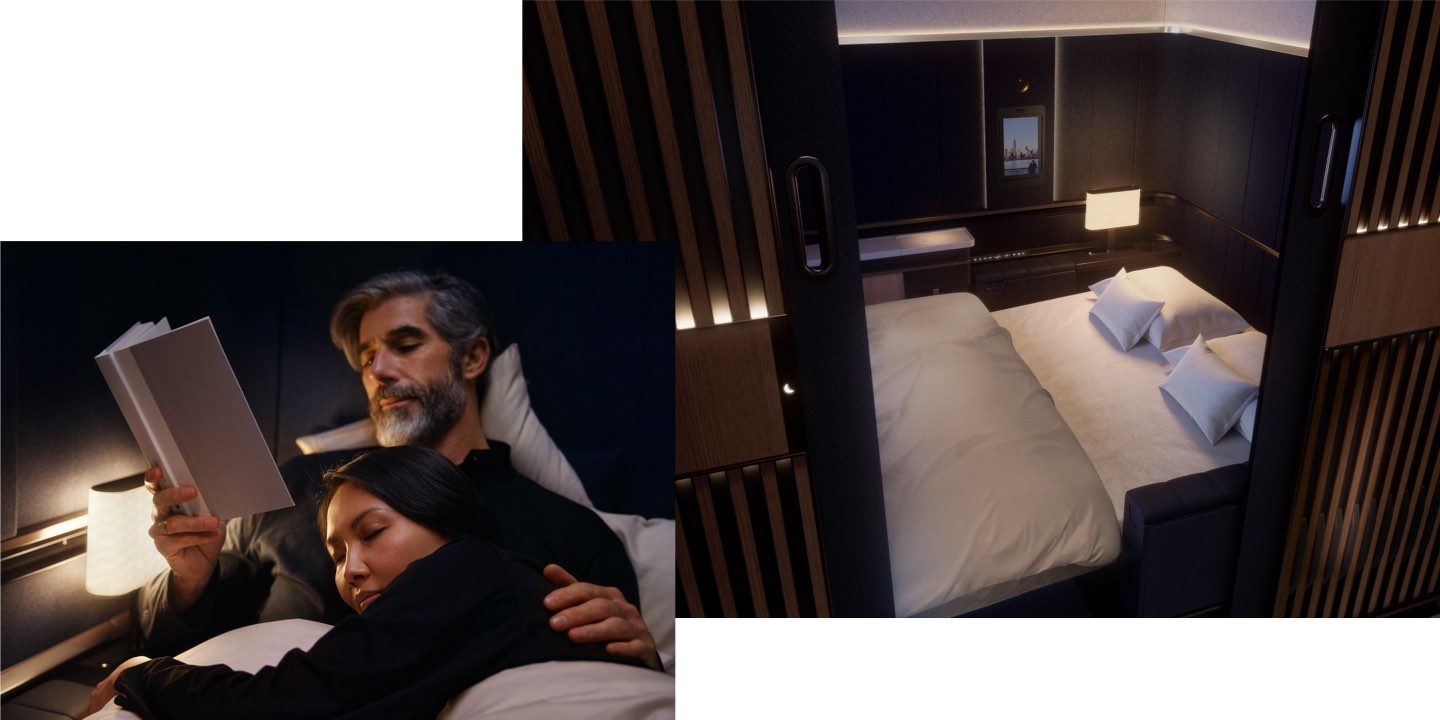 A couple unwinds in a luxurious airline suite. One reads while the other sleeps next to a full bed.