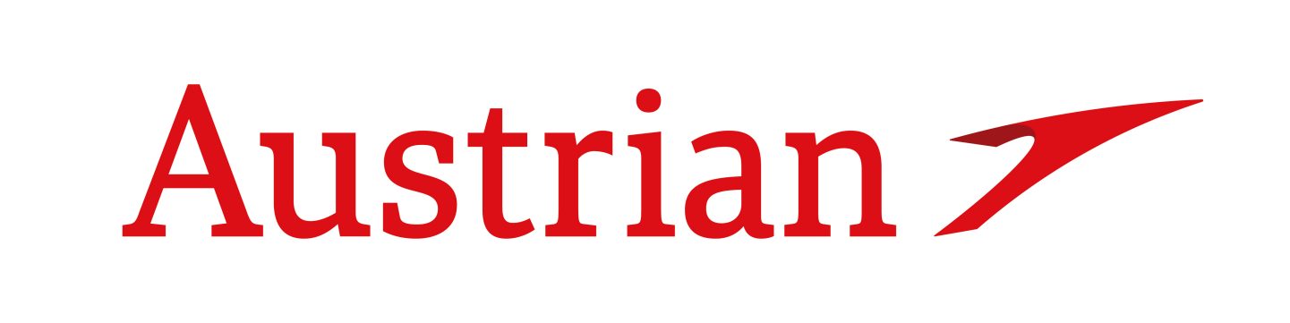 Austrian logo featuring a red, stylised paper plane wing symbol next to the red wordmark.