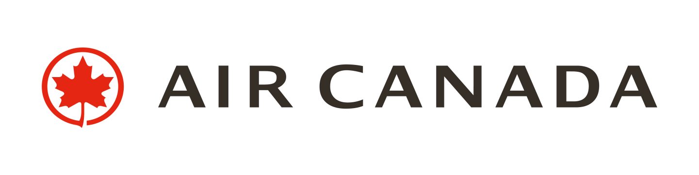 Air Canada logo in dark grey lettering next to a red maple leaf in a circle.