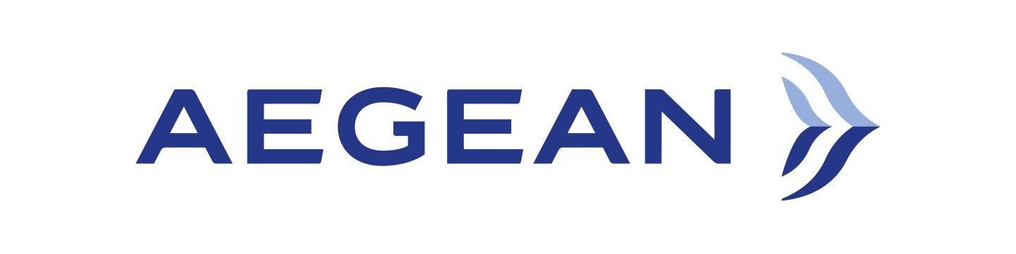 AEGEAN logo in blue lettering, accompanied by two stylised birds flying upwards.