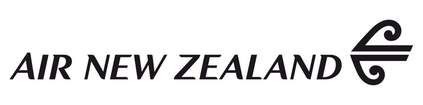 Air New Zealand logo with black lettering and a black Koru symbol.