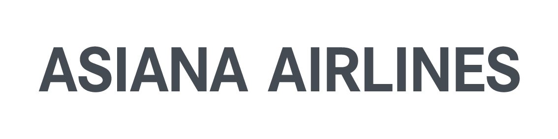 Asiana Airlines logo in dark grey lettering next to a simple red chevron graphic.