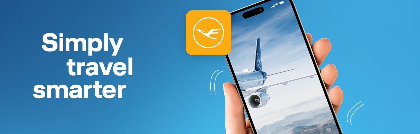 Smartphone and the Lufthansa app icon against a blue background with the title: simply smarter travel. 
