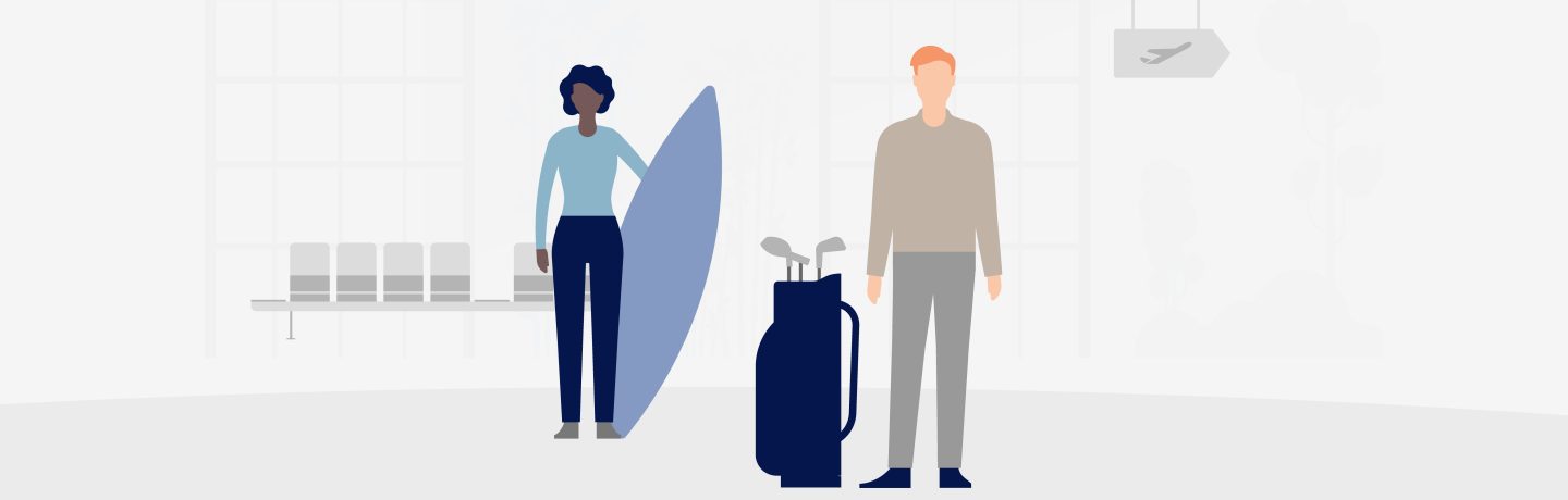 Two people stand together, one holding a surfboard and the other a bag.