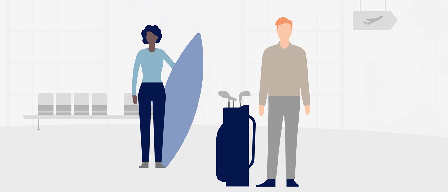 Travelers standing next to a luggage bag and surfboard.