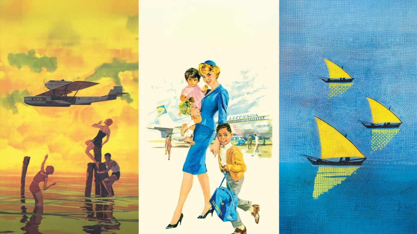 Collage of Lufthansa history featuring a vintage propeller plane, a retro family illustration & a stylized wing graphic.
