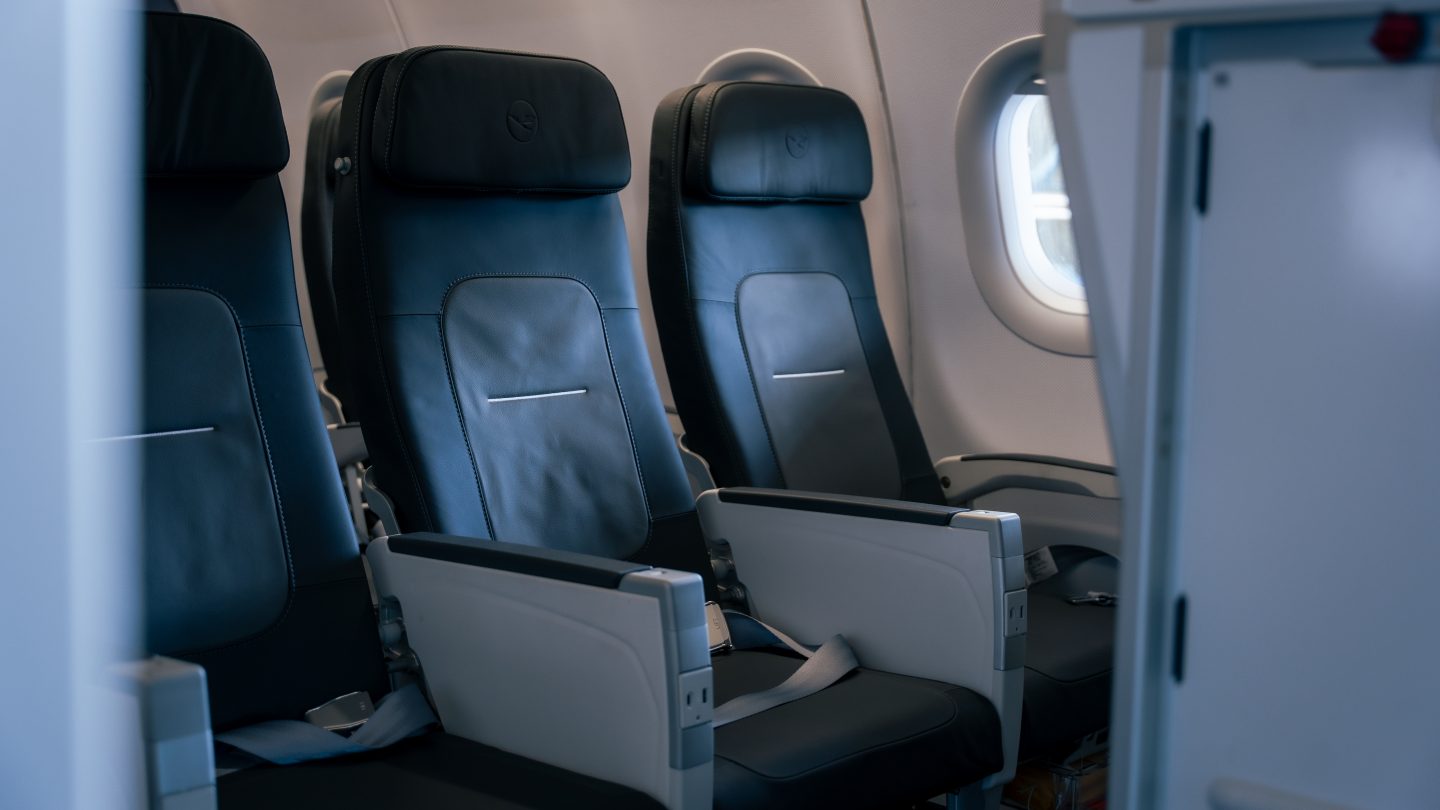 Empty seats in the new Lufthansa Airbus A320 Business Class cabin.