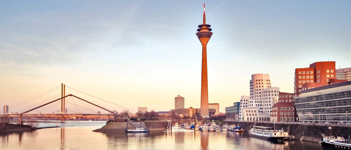 View of the Dusseldorf telecommunications tower at dusk