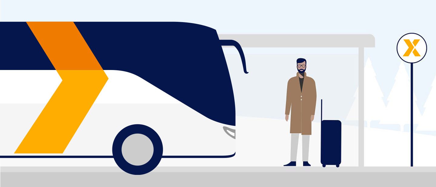 An illustration of a bus travelling from the left, on the right a person waiting at a bus stop.