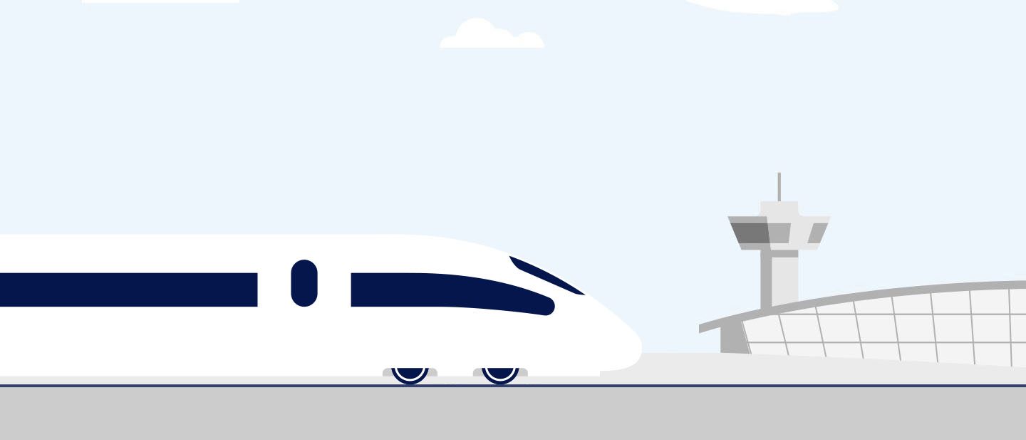 An illustration of a high-speed train travelling from left to right, with the airport building on the right.