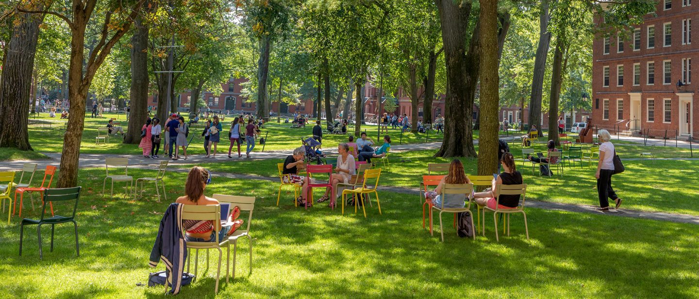 People sitting on colorful chairs in the sunny Harvard Yard in Cambridge
