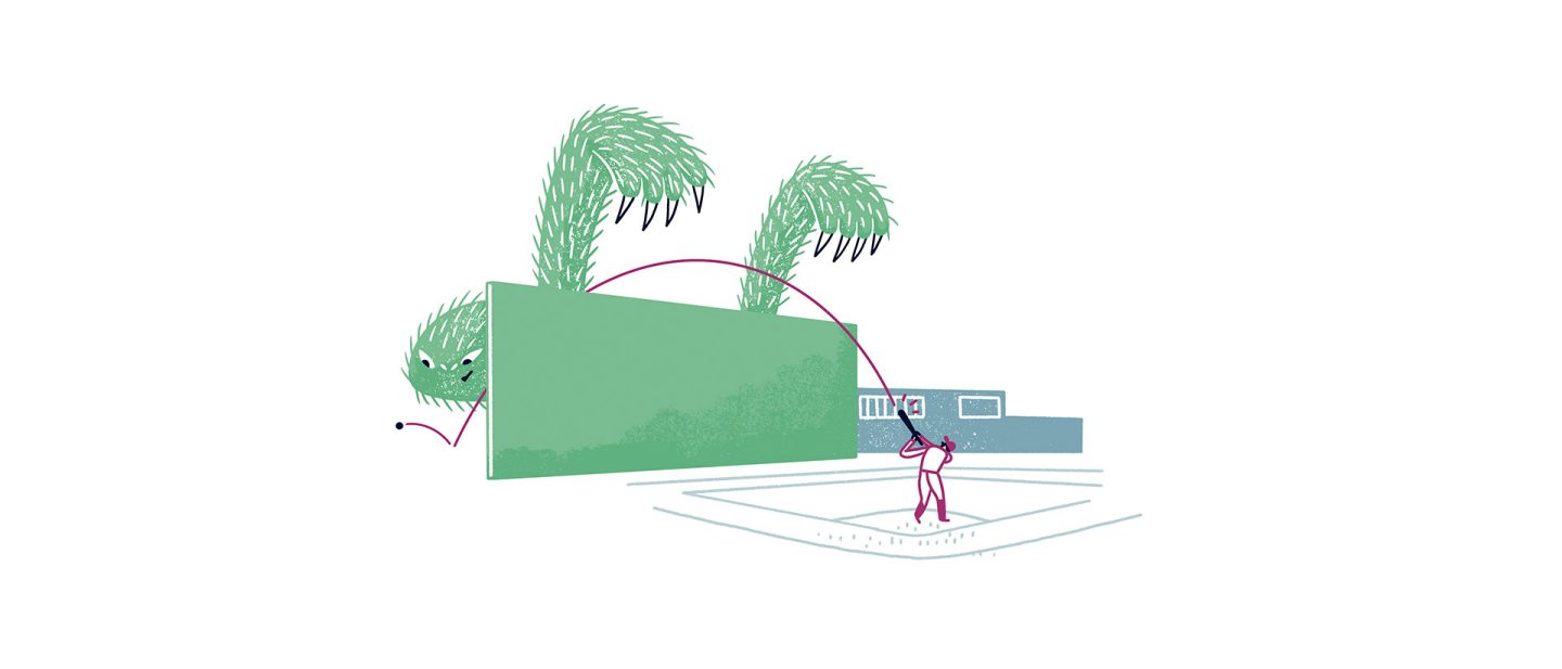 Illustration: Green monster reaches over a wall toward a baseball player with a bat; building in the background.