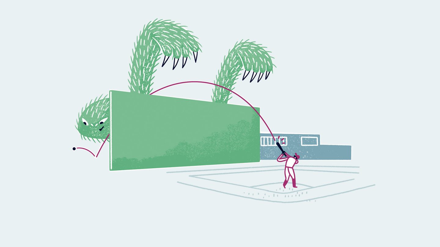 Illustration: Green monster reaches over a wall toward a baseball player with a bat; building in the background.