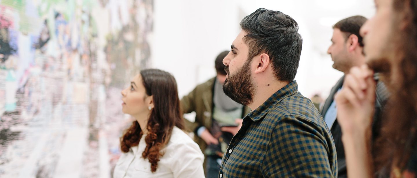 Visitors view a large-scale artwork at the Städel Museum in Frankfurt.