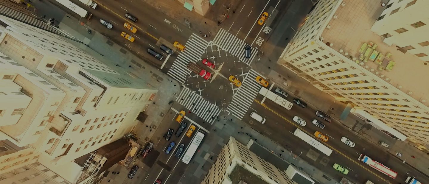 View from above of a busy intersection in New York City.