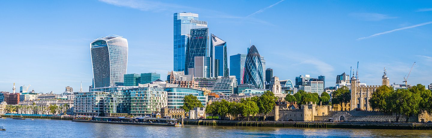 Panoramic view of the London skyline along the Thames on a clear day