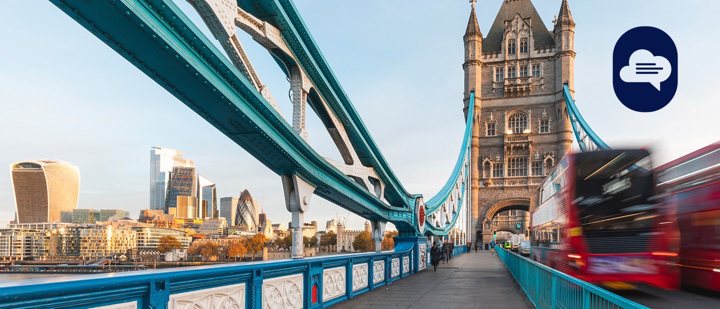 Team Stories: View of Tower Bridge and the London skyline with Routemaster bus in the foreground