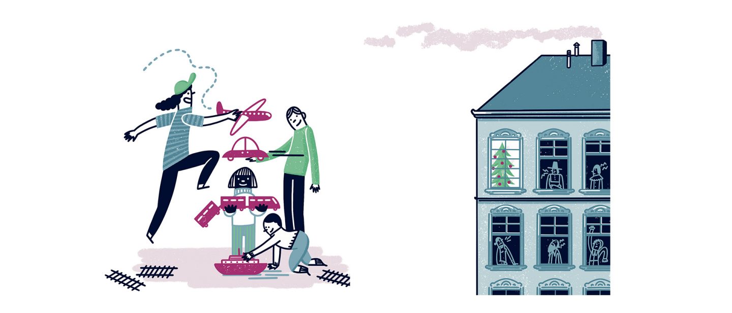 Illustration: People play with a toy plane, car, and robot; house at right with figures in windows and a Christmas tree.
