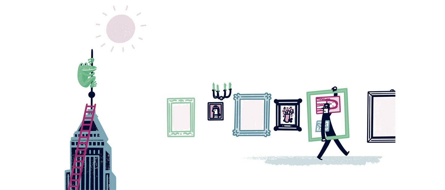 Illustration: Left, weather frog on a high-rise with a ladder; right, picture frames and a person carrying one.
